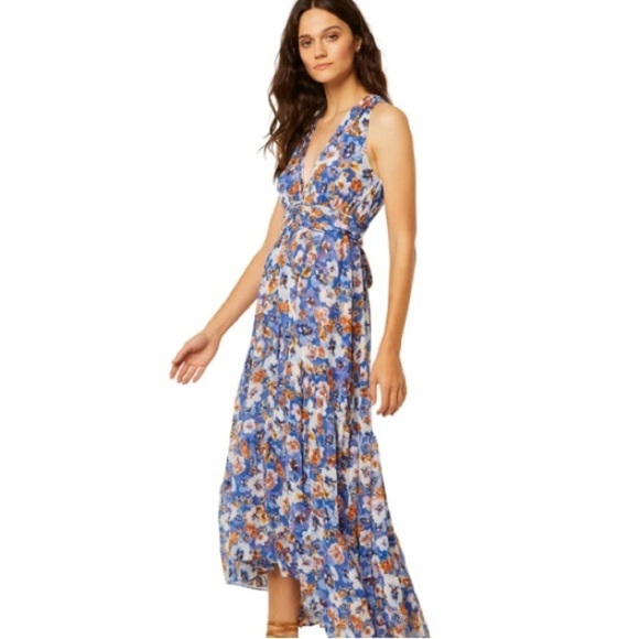 MISA Dominika Maxi Dress XS  Blue Pansy Floral Flowy Plunging Neckline Feminine - Picture 5 of 16